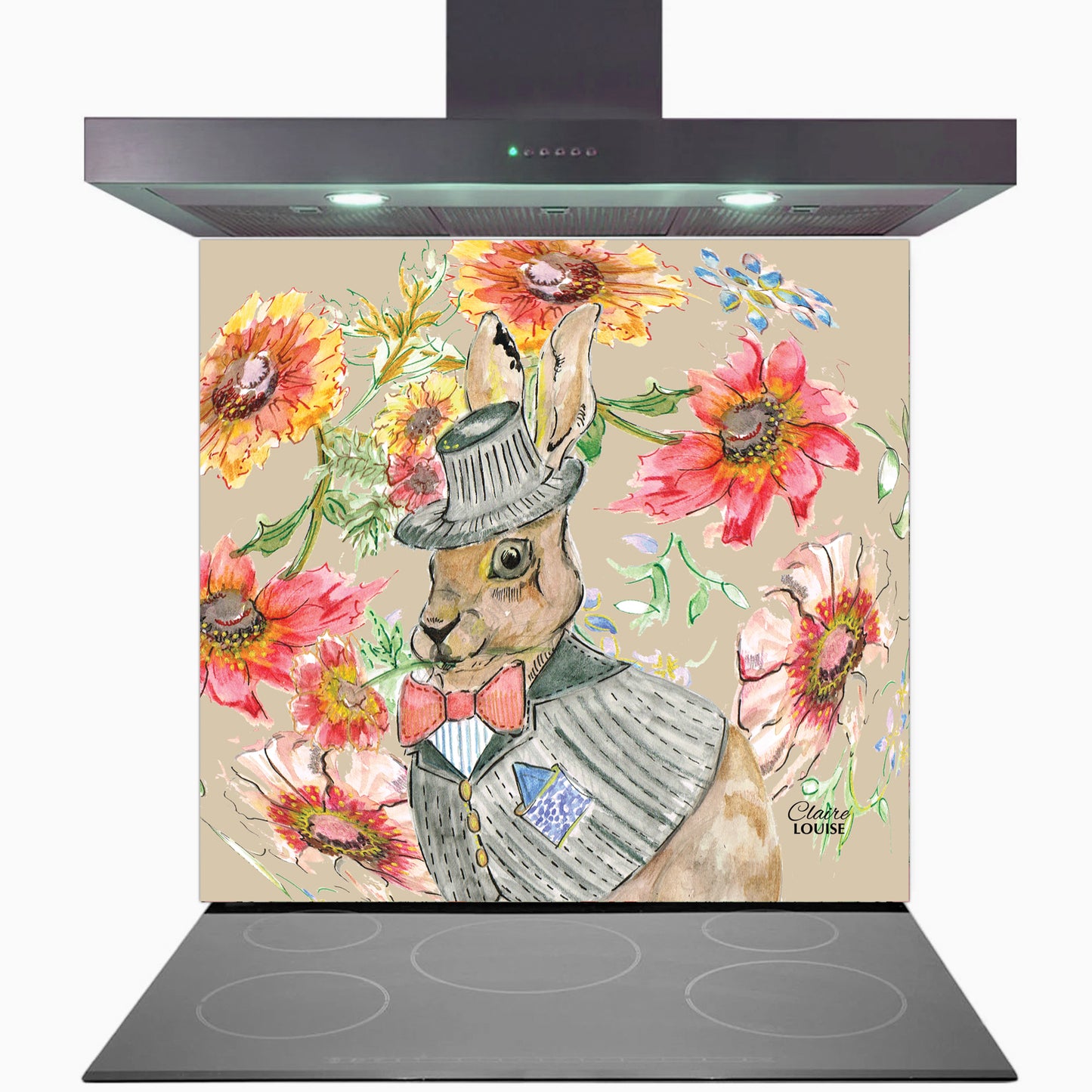 Cottage Floral Hare Glass Kitchen Splashback