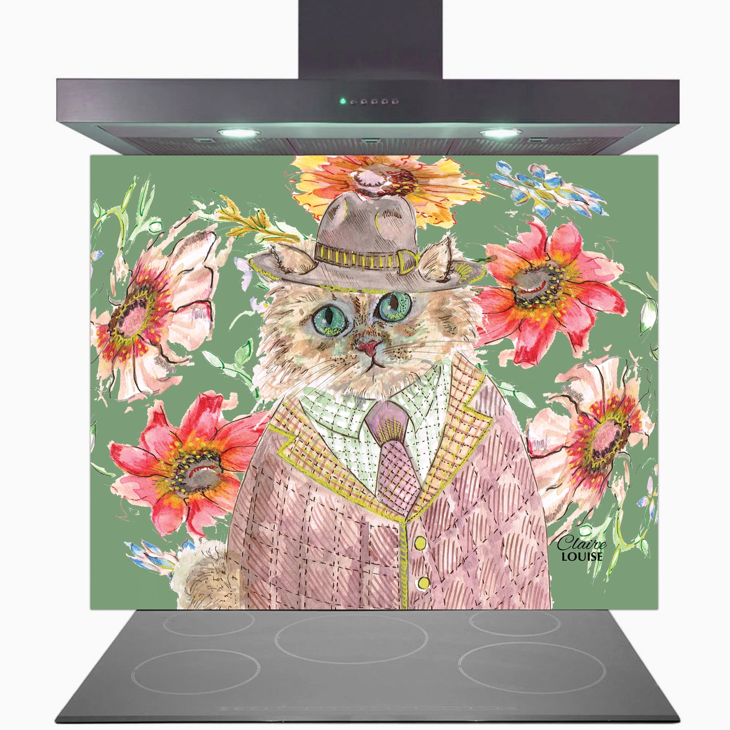 Cottage Floral Cat Glass Kitchen Splashback