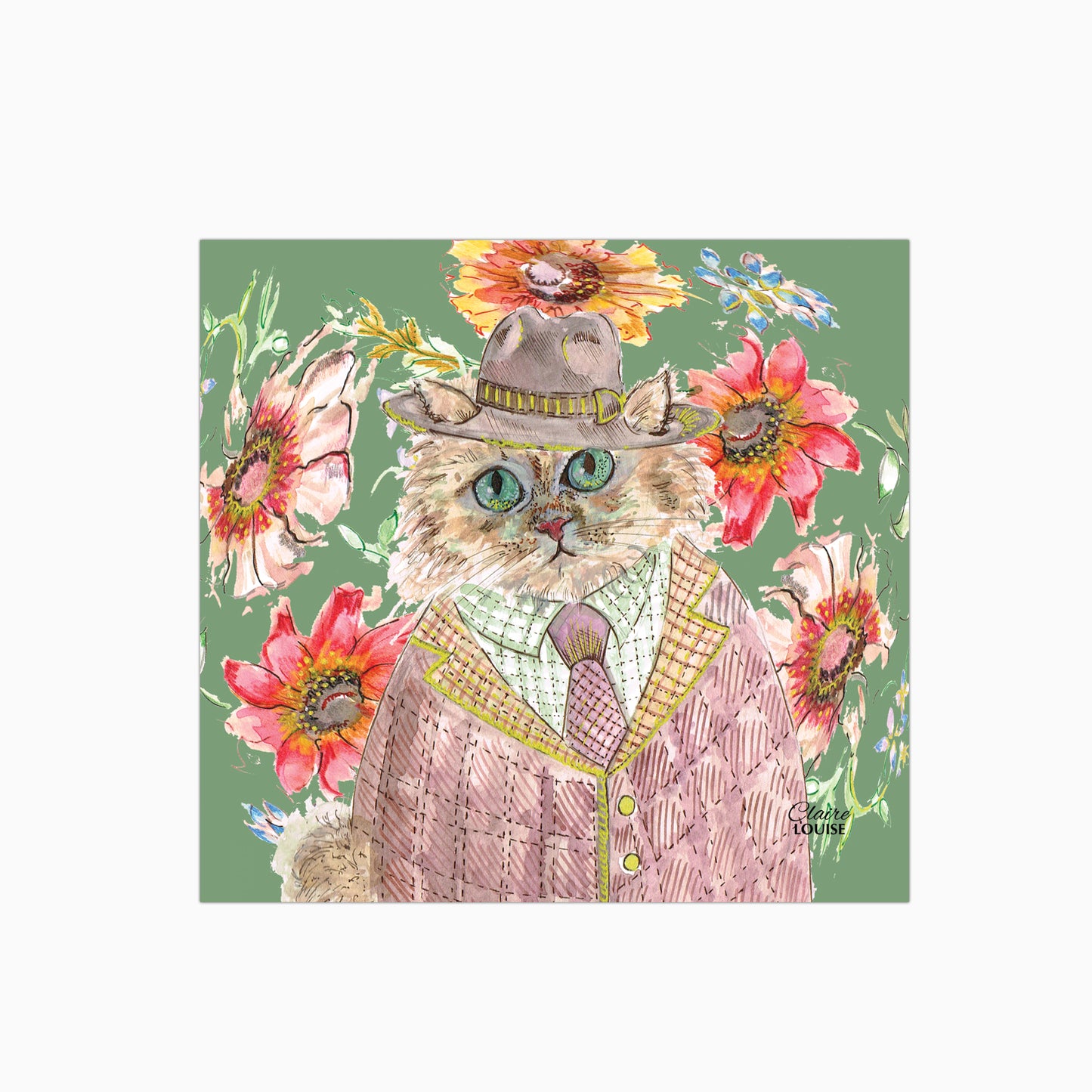 Cottage Floral Cat Glass Kitchen Splashback