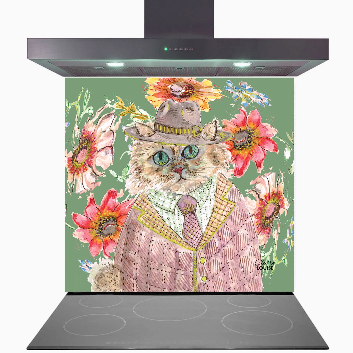 Cottage Floral Cat Glass Kitchen Splashback