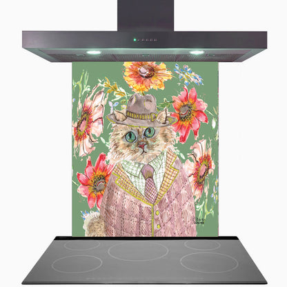 Cottage Floral Cat Glass Kitchen Splashback