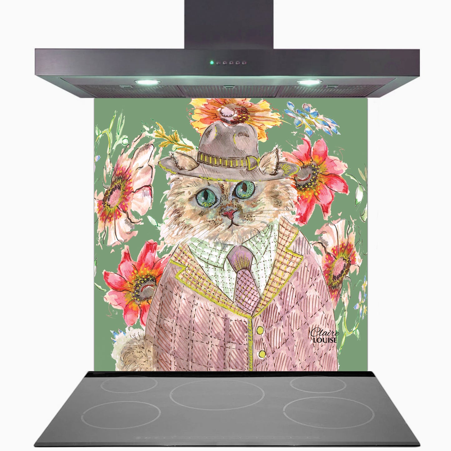 Cottage Floral Cat Glass Kitchen Splashback