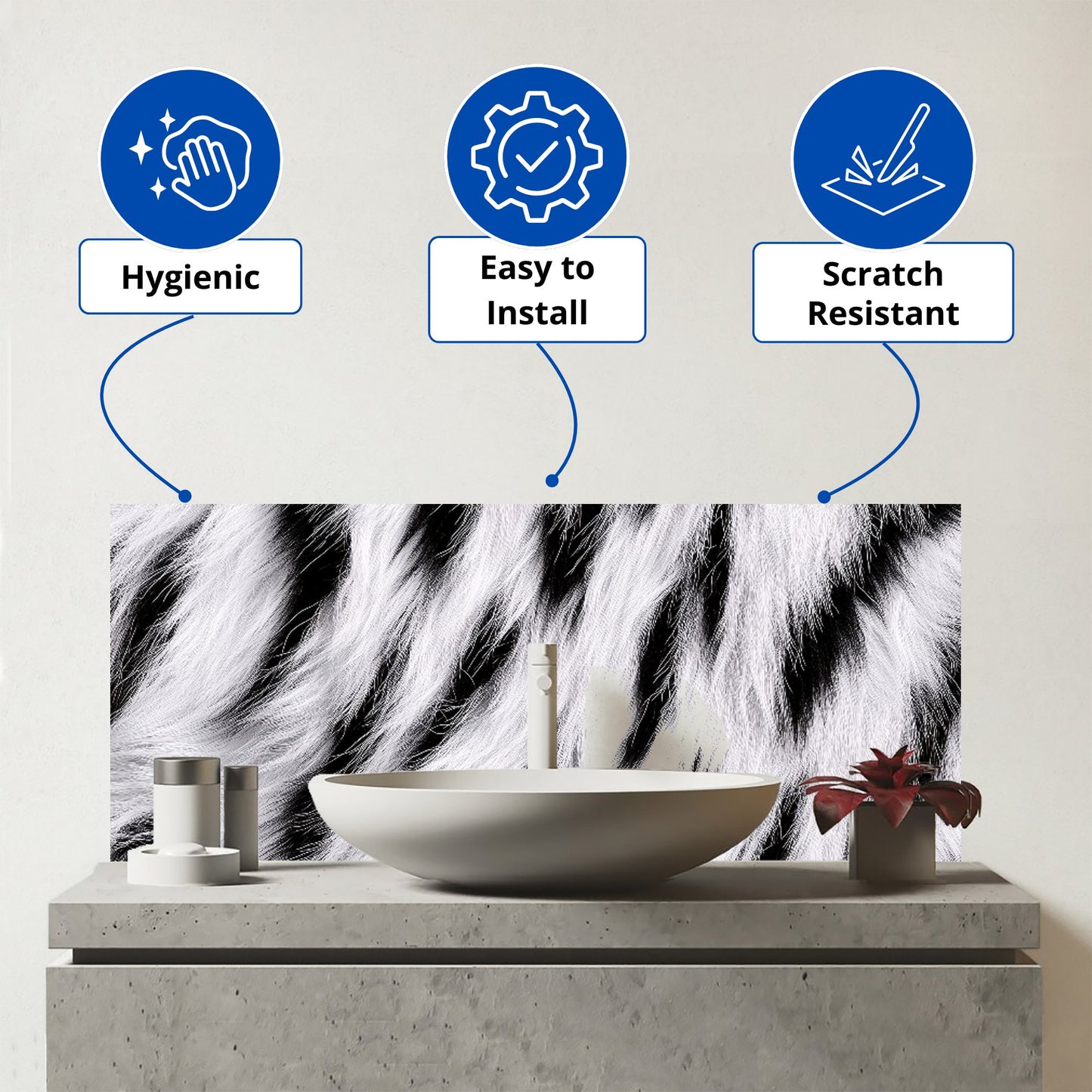 White Tiger Print Glass Bathroom Splashback