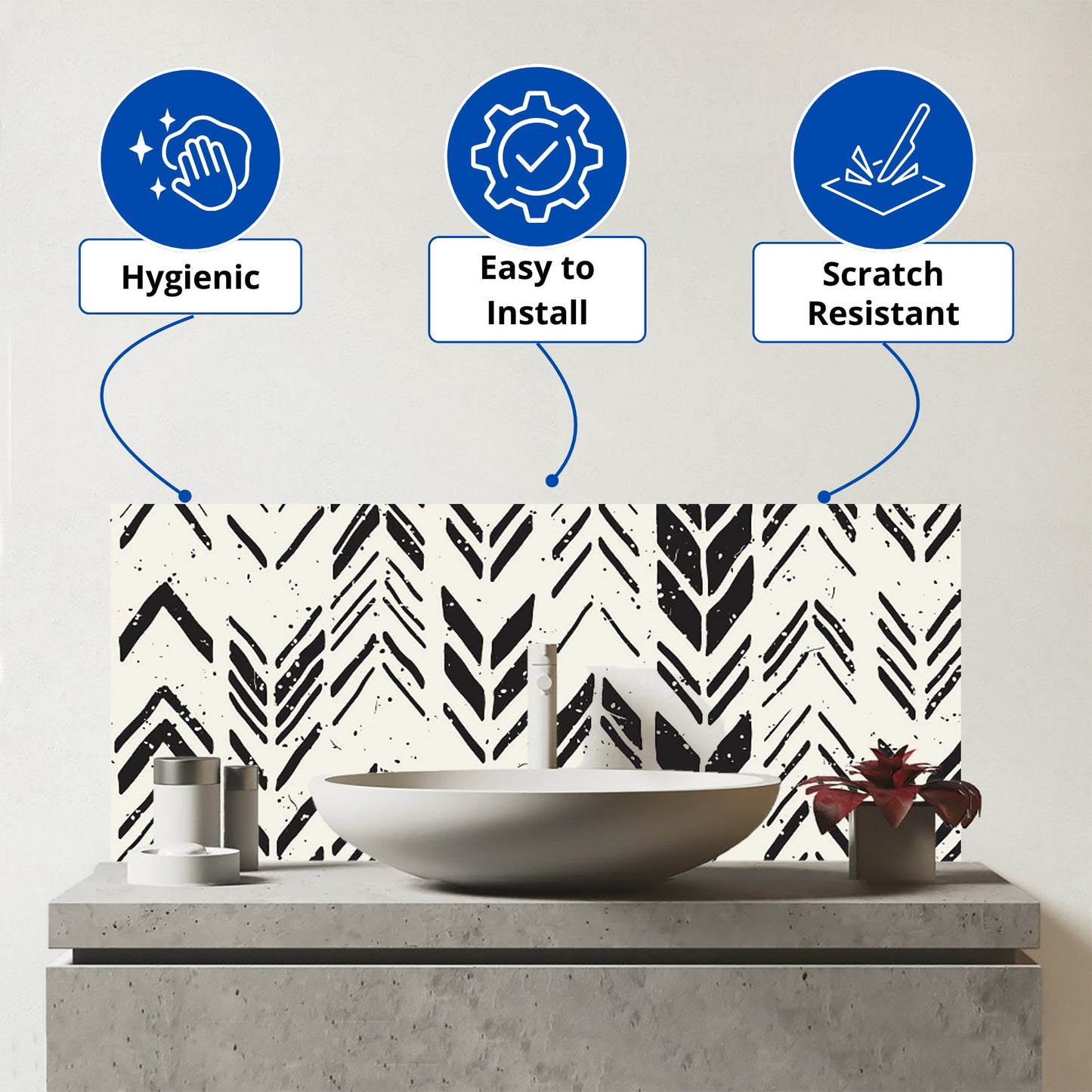 Hand Drawn Chevron Pattern Glass Bathroom Splashback