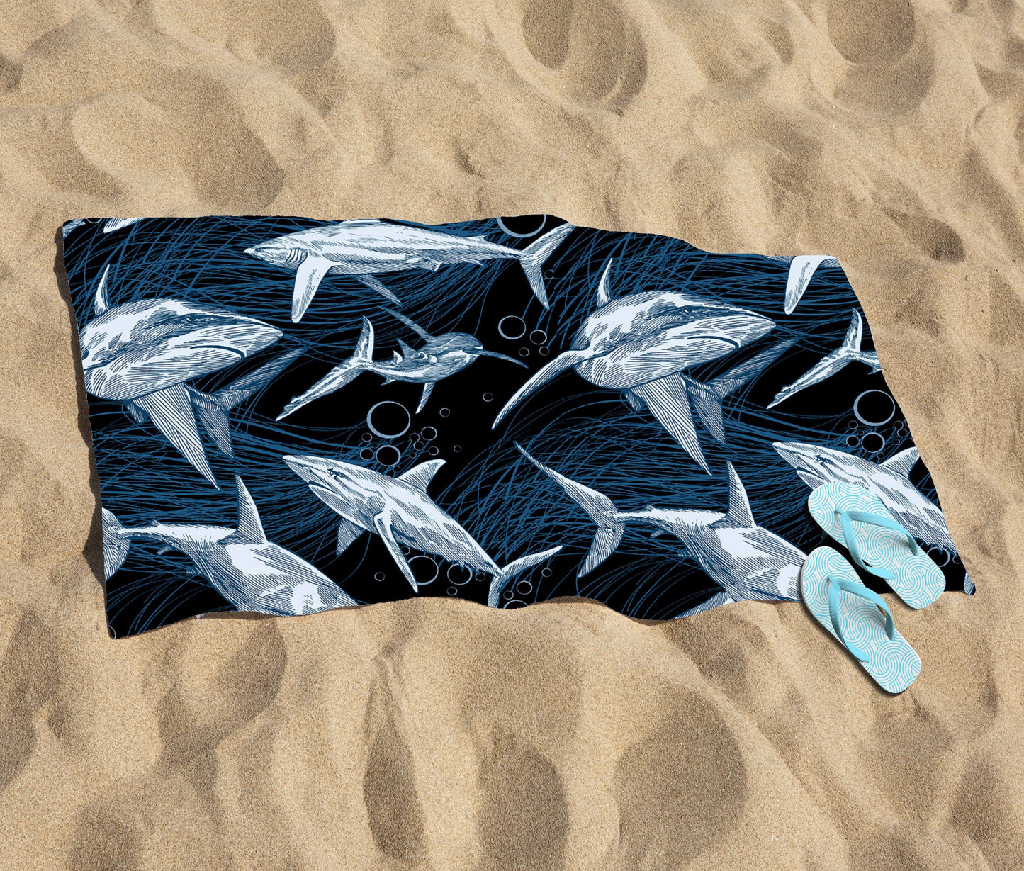 Hand Drawn Shark Pattern Beach Towel