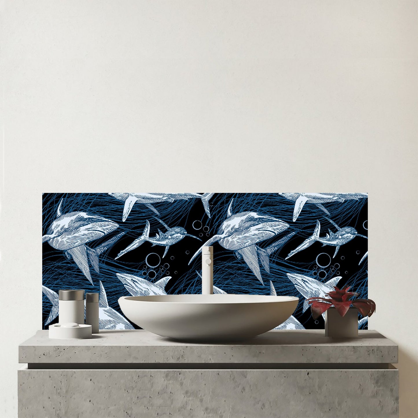 Hand Drawn Shark Pattern Glass Bathroom Splashback