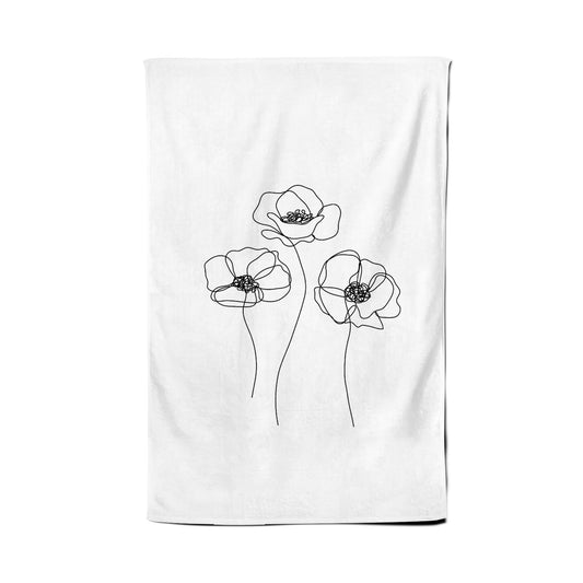 Monochrome Line Drawn Poppies Tea Towel