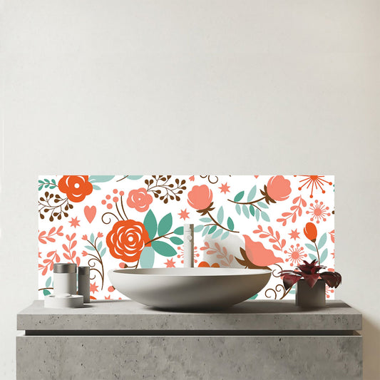 Orange Floral Pattern Glass Bathroom Splashback