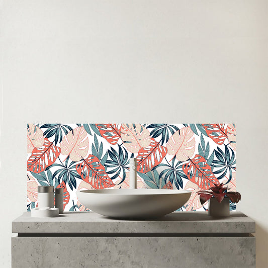 Tropical Leaf Pattern Glass Bathroom Splashback