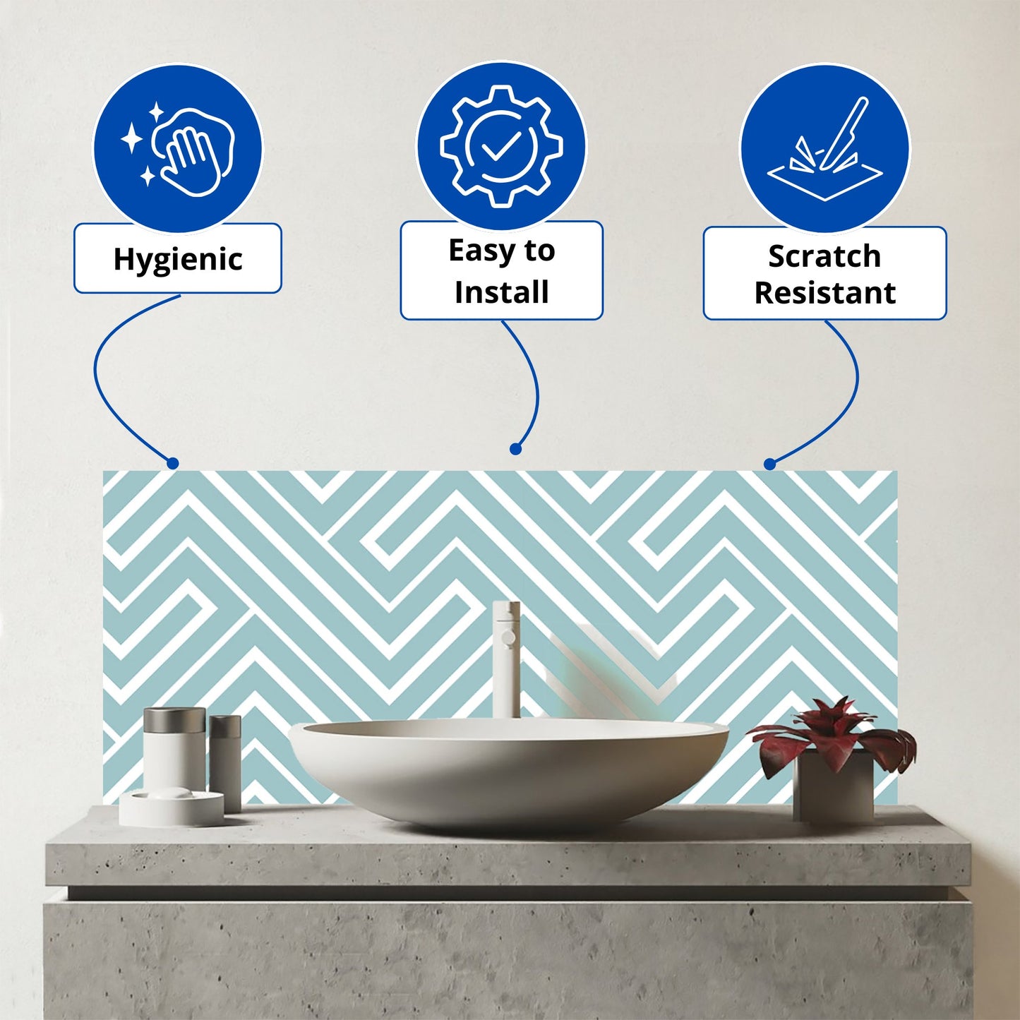 Blue And White Geometric Pattern Glass Bathroom Splashback