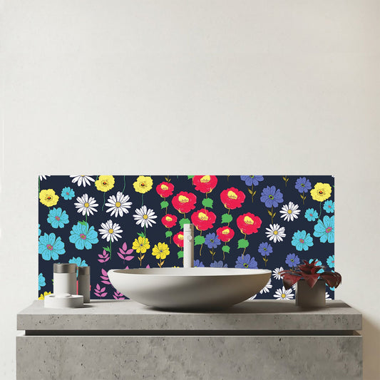 Multicoloured Flower Pattern Glass Bathroom Splashback