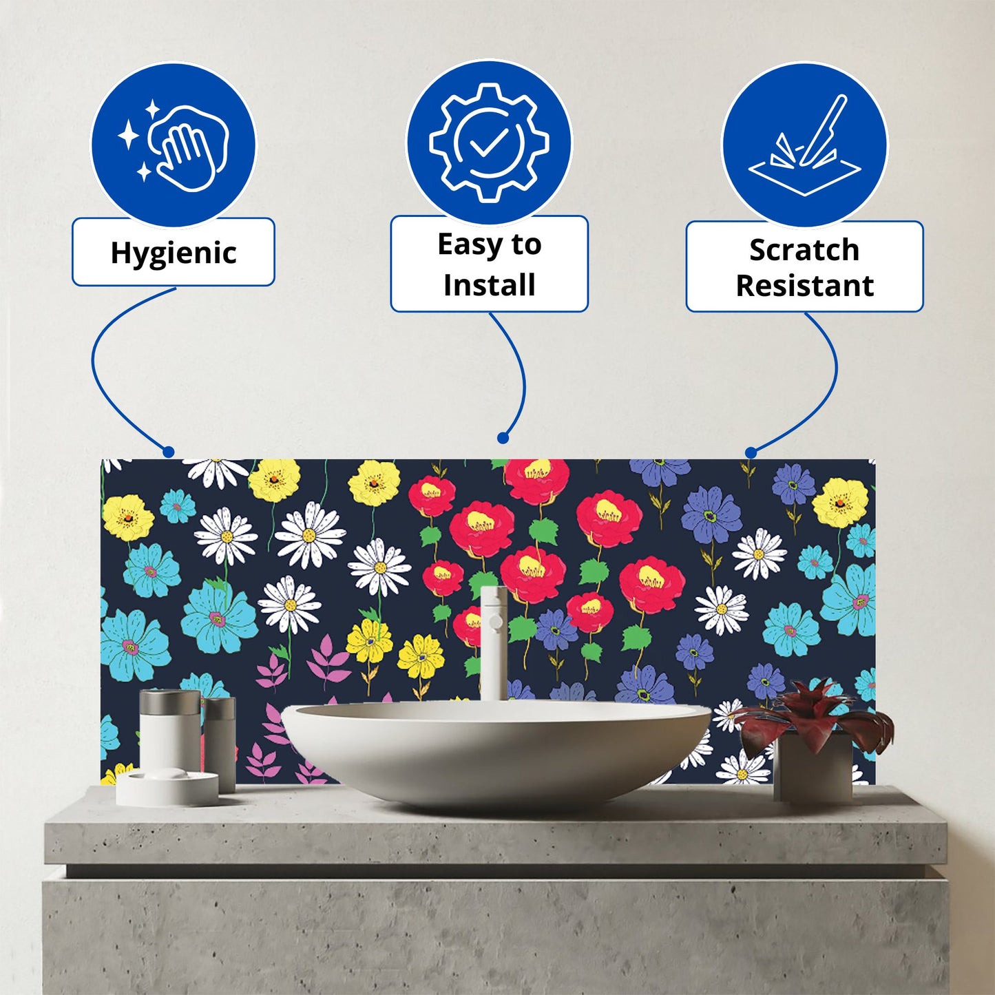 Multicoloured Flower Pattern Glass Bathroom Splashback