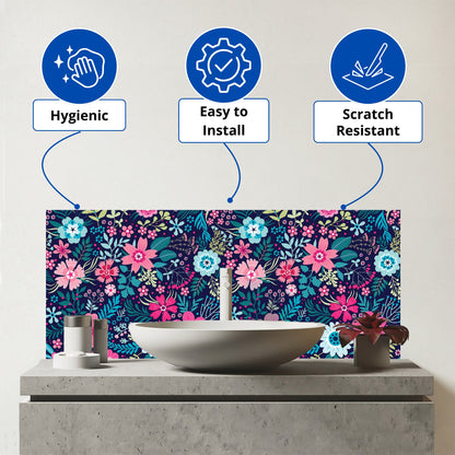 Cute Colourful Flower Pattern Glass Bathroom Splashback