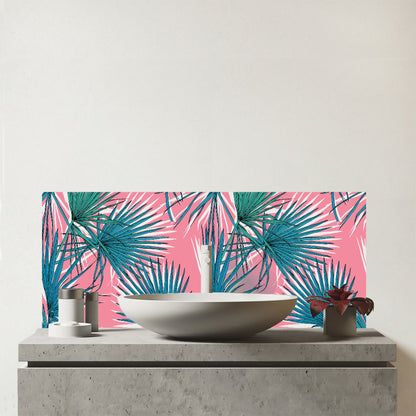 Pink Green Fan Palms Glass Bathroom Splashback