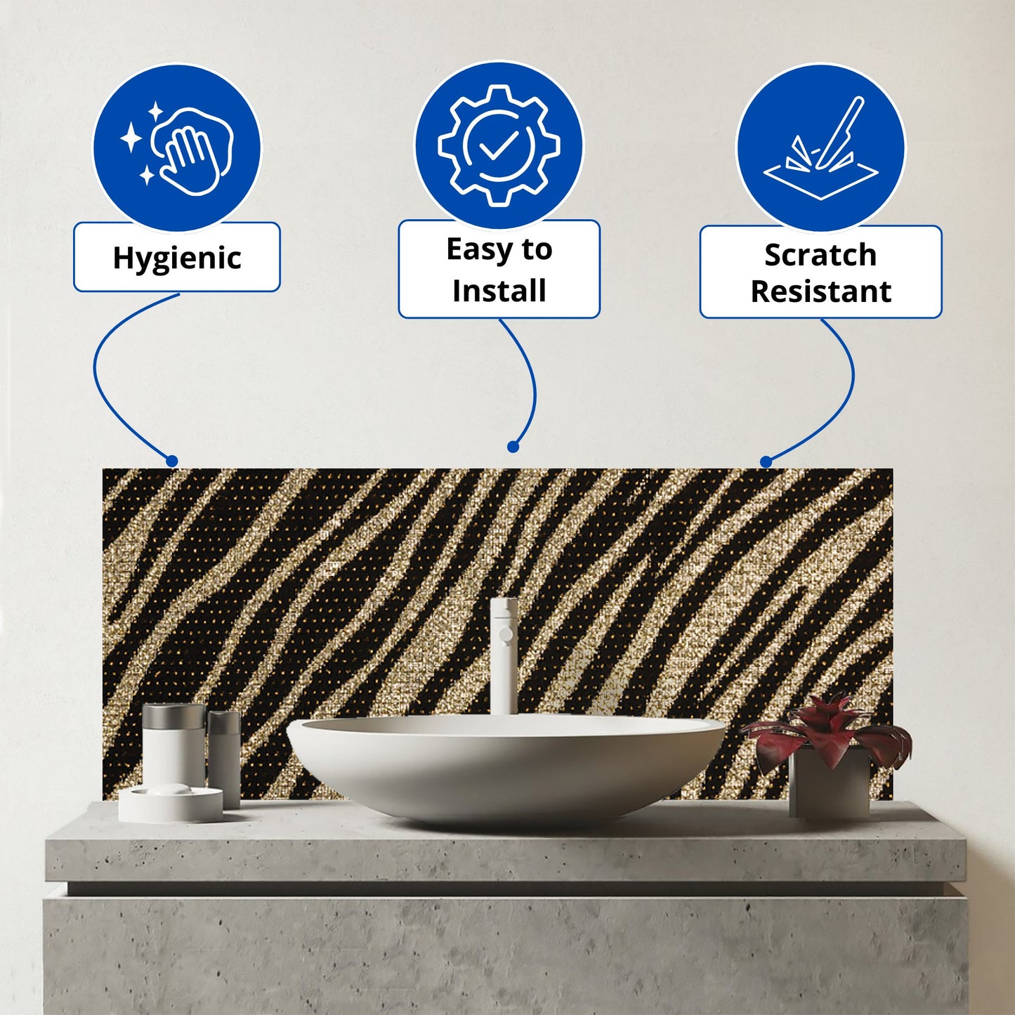 Golden Zebra Print Glass Bathroom Splashback