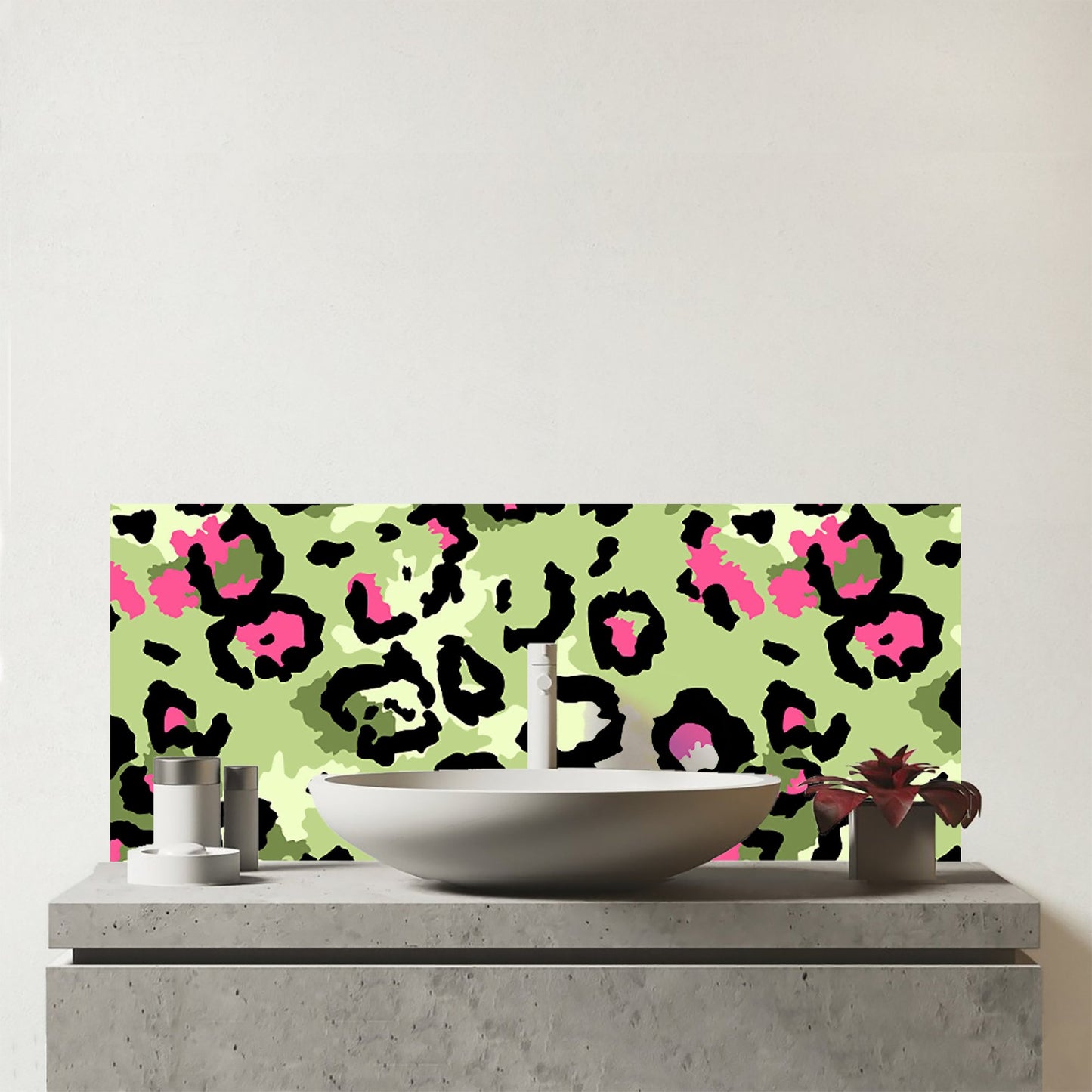 Green And Pink Leopard Print Glass Bathroom Splashback