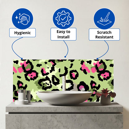 Green And Pink Leopard Print Glass Bathroom Splashback