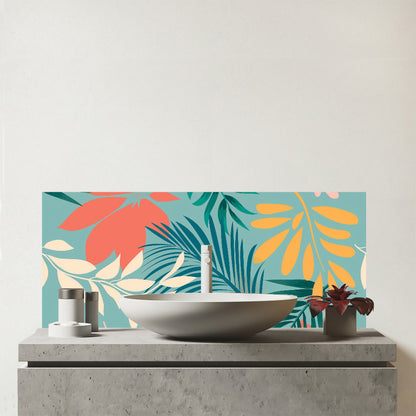 Abstract Bright Colorful Tropical Leaves Glass Bathroom Splashback