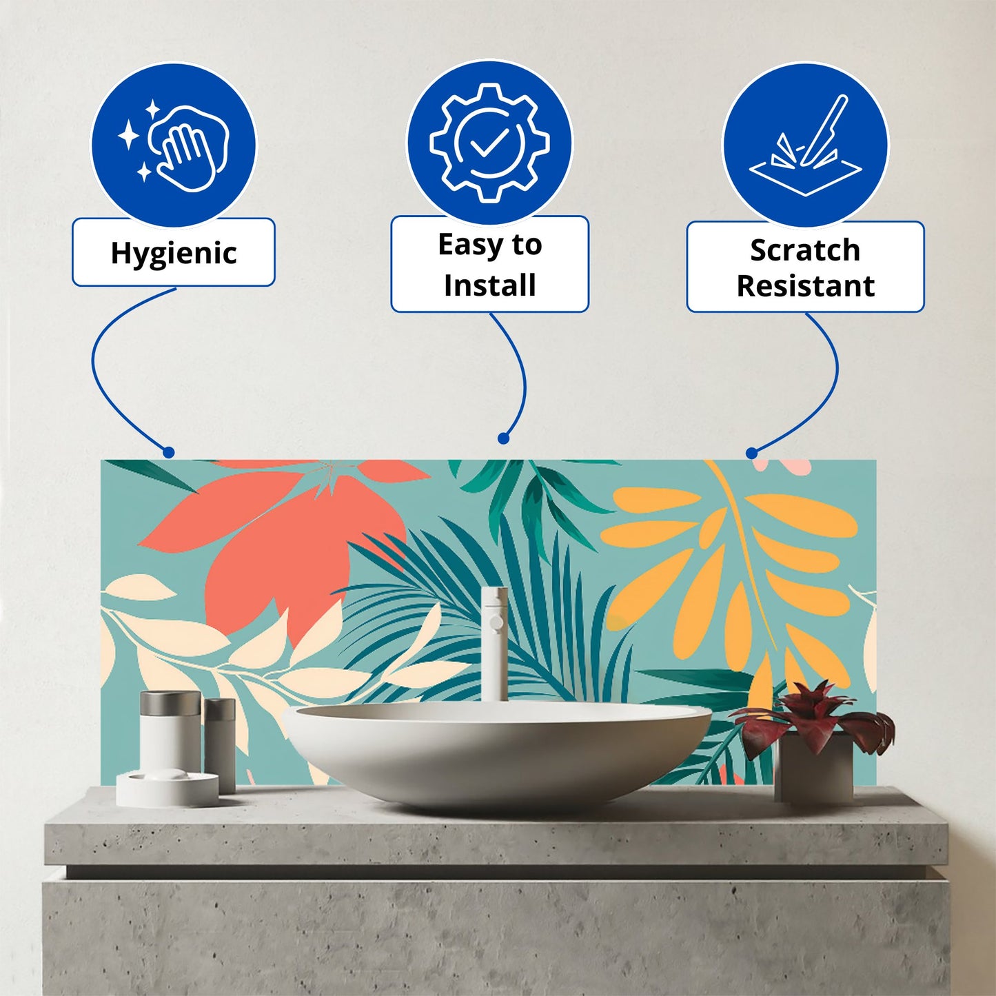 Abstract Bright Colorful Tropical Leaves Glass Bathroom Splashback