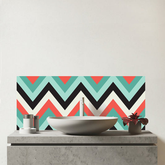 Geometric Colored Chevron Pattern Glass Bathroom Splashback