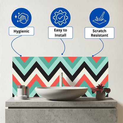 Geometric Colored Chevron Pattern Glass Bathroom Splashback