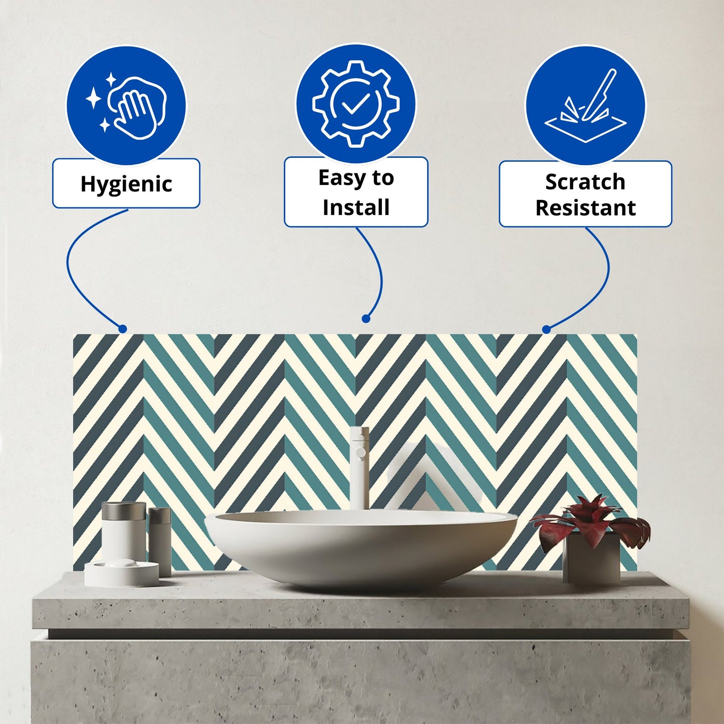 Geometric Herringbone Chevron Blues Glass Bathroom Splashback