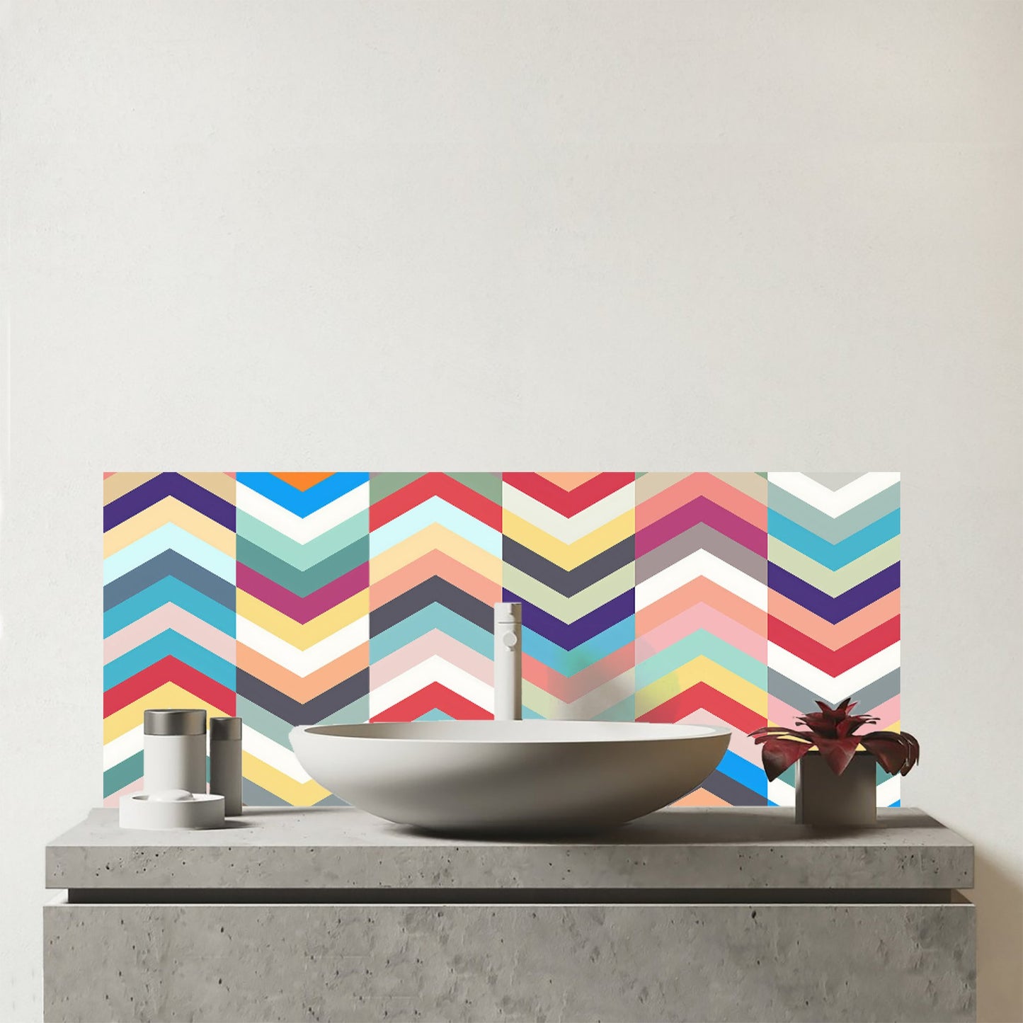 Geometric Multi Colored Chevron Pattern Glass Bathroom Splashback