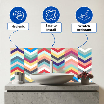 Geometric Multi Colored Chevron Pattern Glass Bathroom Splashback