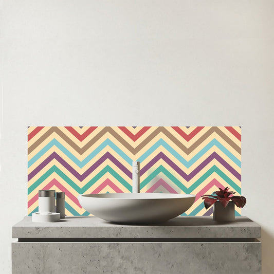 Geometric Vintage Colored Chevron Pattern Glass Bathroom Splashback