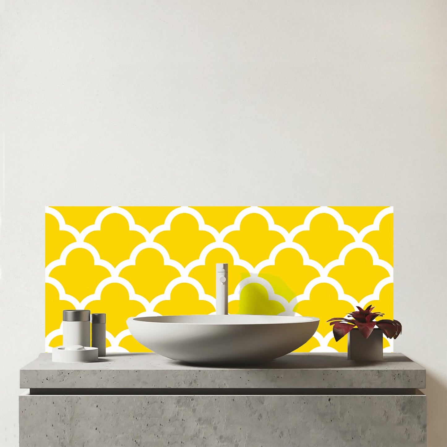 Geometric Yellow Quatrefoil Wave Glass Bathroom Splashback