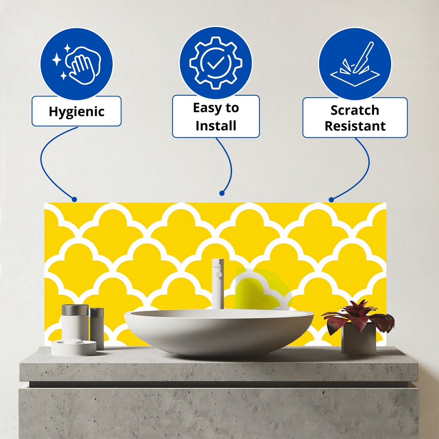 Geometric Yellow Quatrefoil Wave Glass Bathroom Splashback