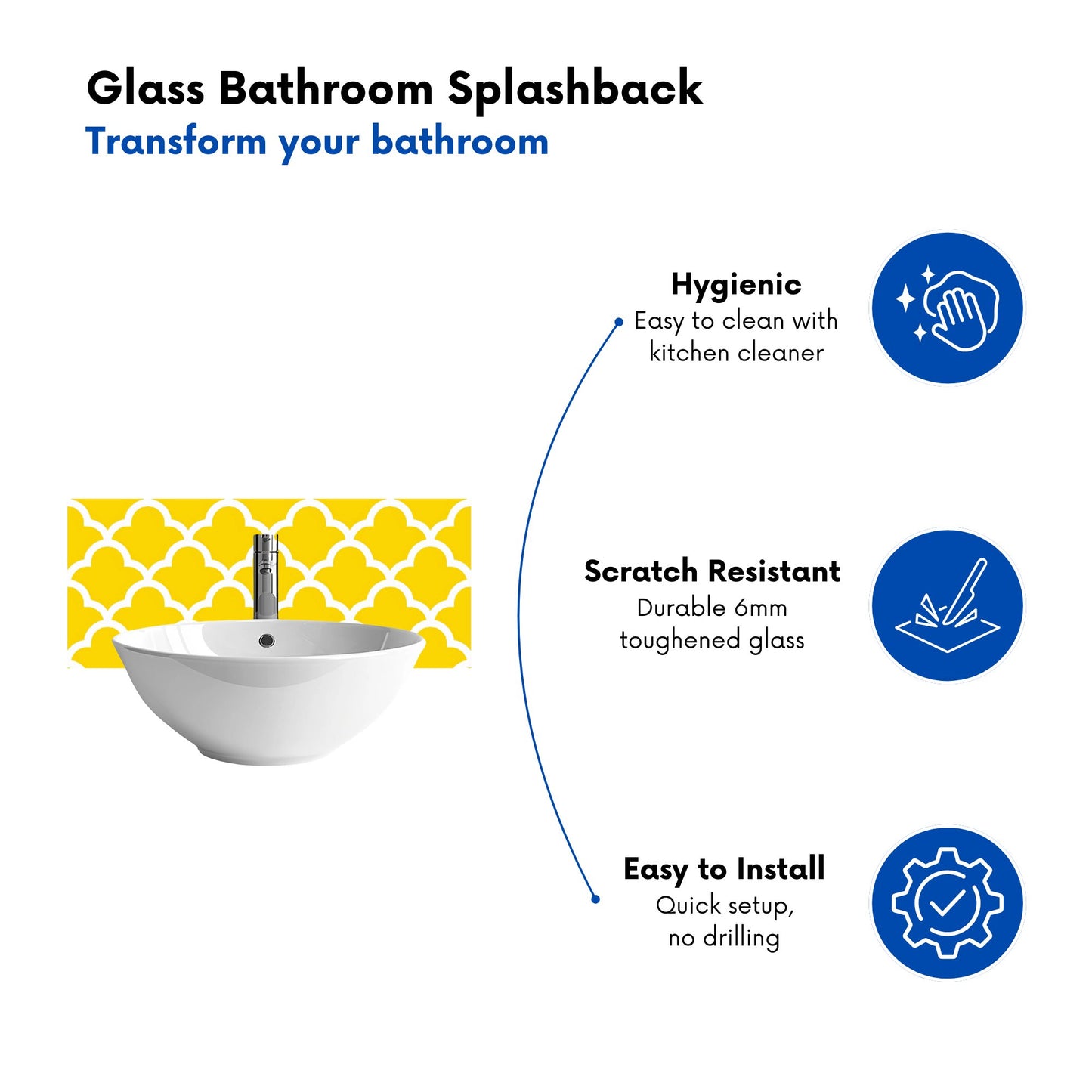 Geometric Yellow Quatrefoil Wave Glass Bathroom Splashback