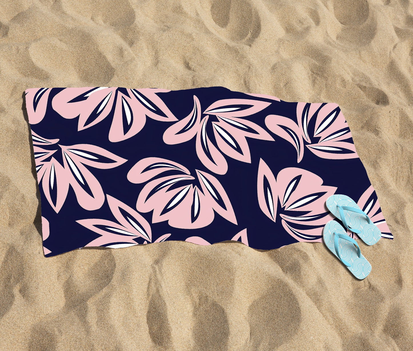 Pink Navy Floral Botanical Pattern Beach Towel