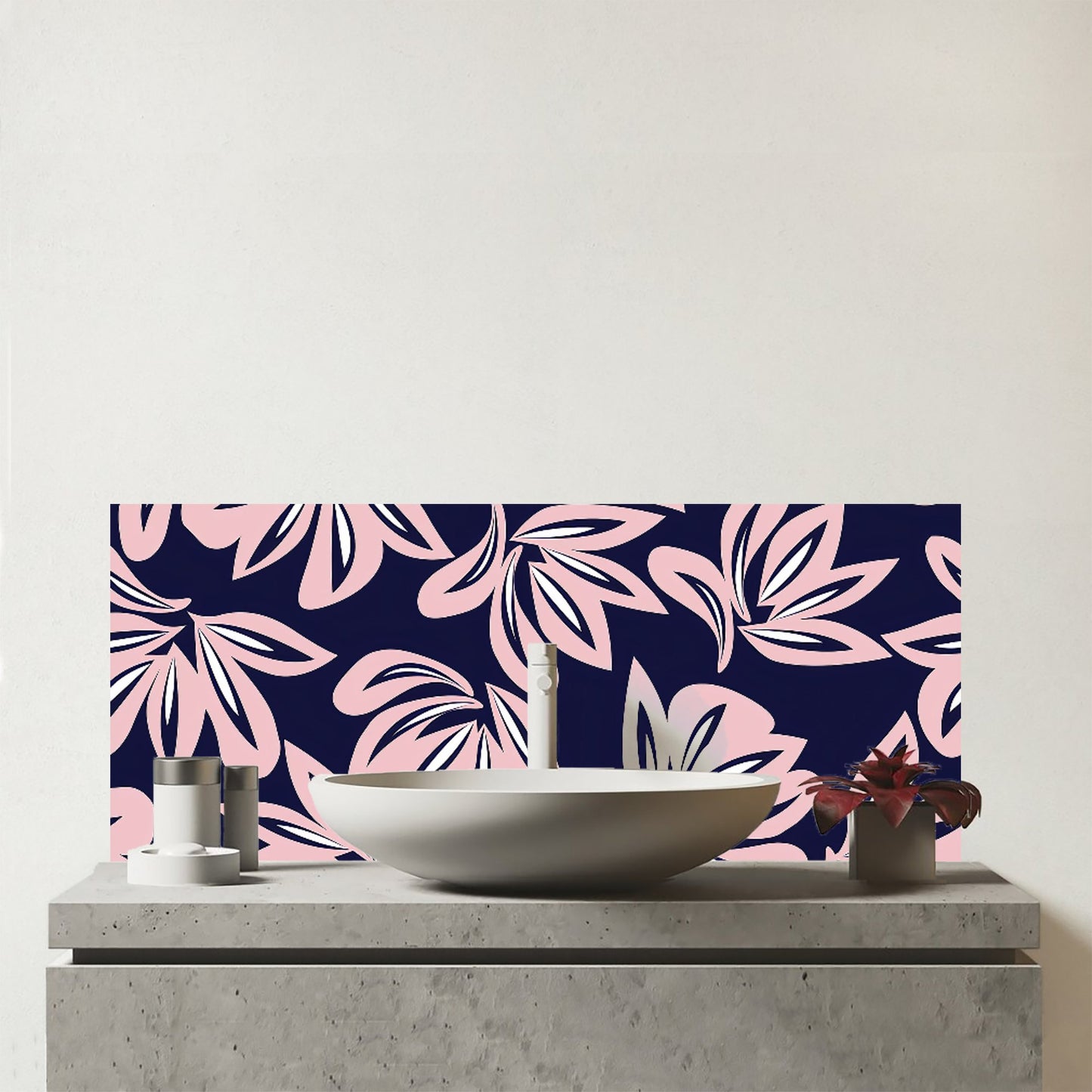 Pink Navy Floral Botanical Pattern Glass Bathroom Splashback