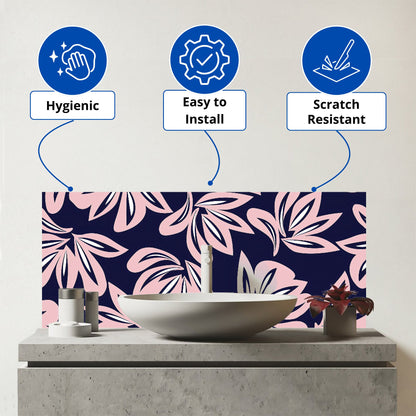 Pink Navy Floral Botanical Pattern Glass Bathroom Splashback