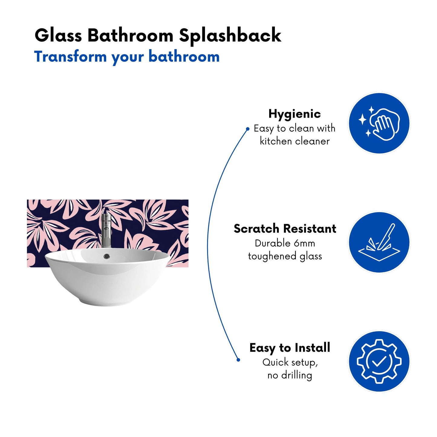 Pink Navy Floral Botanical Pattern Glass Bathroom Splashback