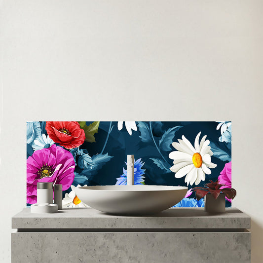 Poppy Flowers With Chamomile Glass Bathroom Splashback