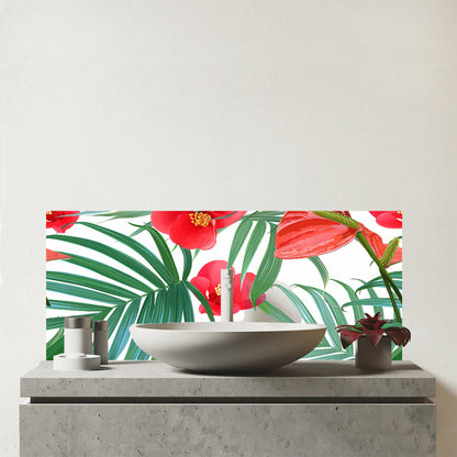 Tropical Flowers, Palm Leaves Hawaiian Glass Bathroom Splashback