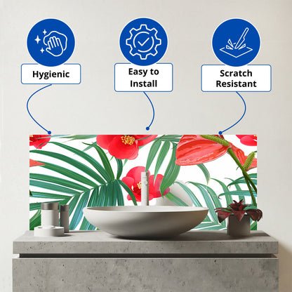 Tropical Flowers, Palm Leaves Hawaiian Glass Bathroom Splashback