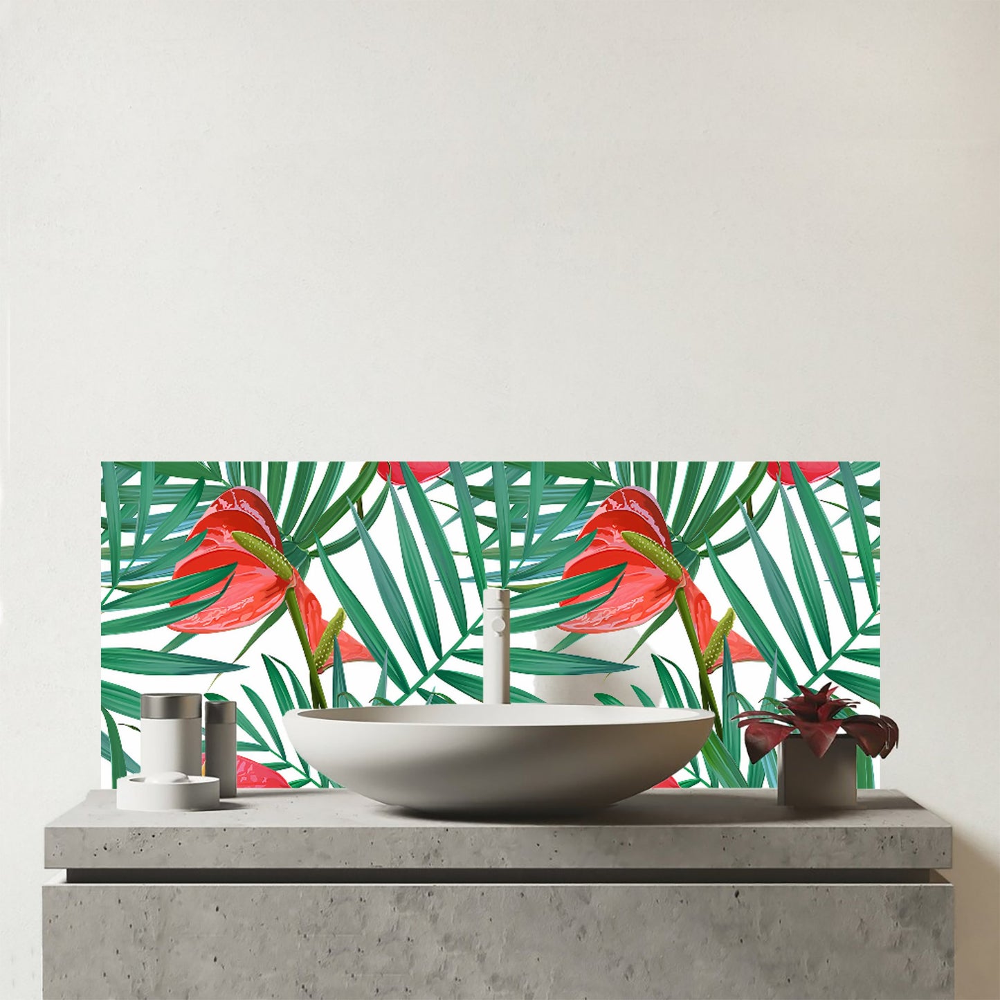 Tropical Flowers And Palm Leaves Glass Bathroom Splashback