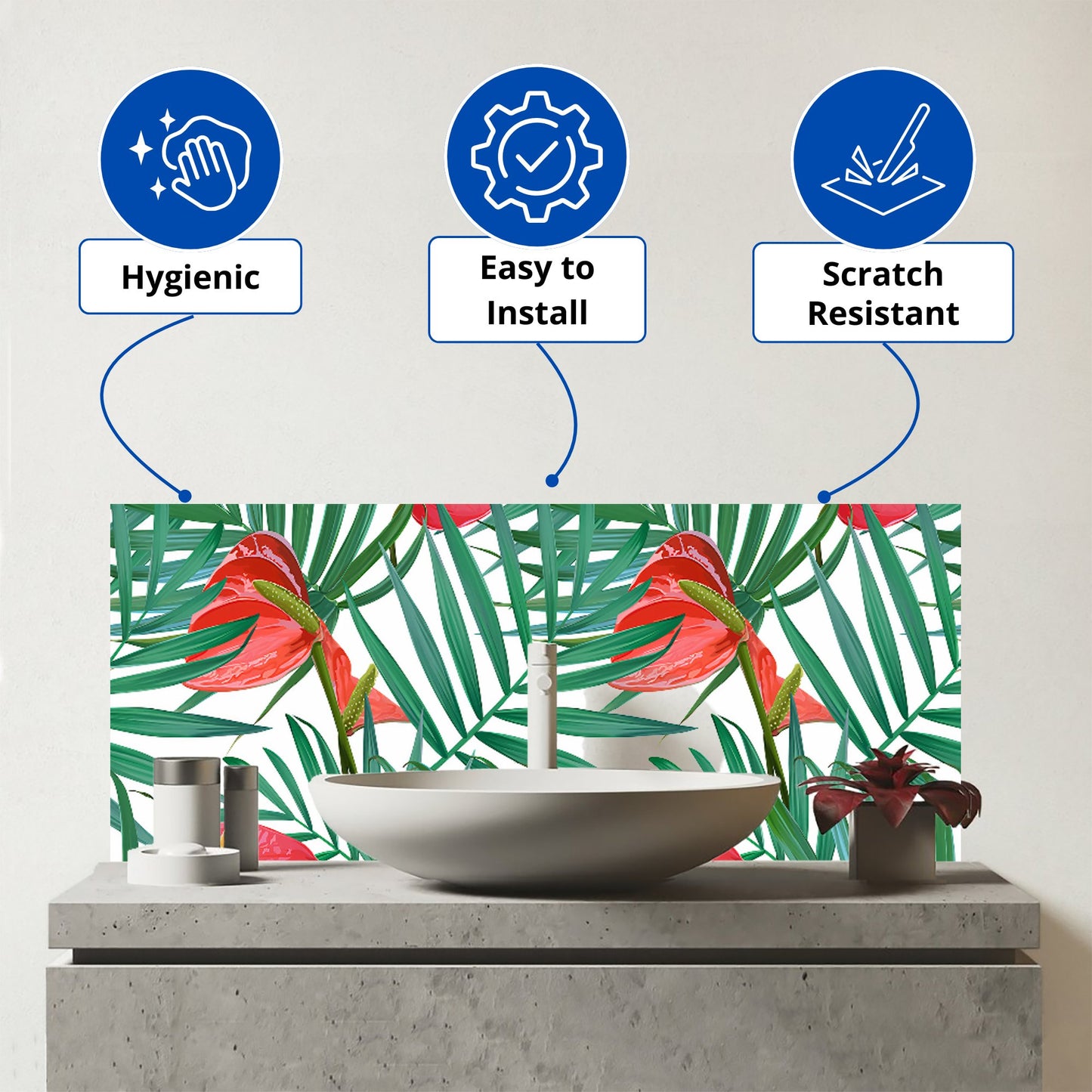 Tropical Flowers And Palm Leaves Glass Bathroom Splashback