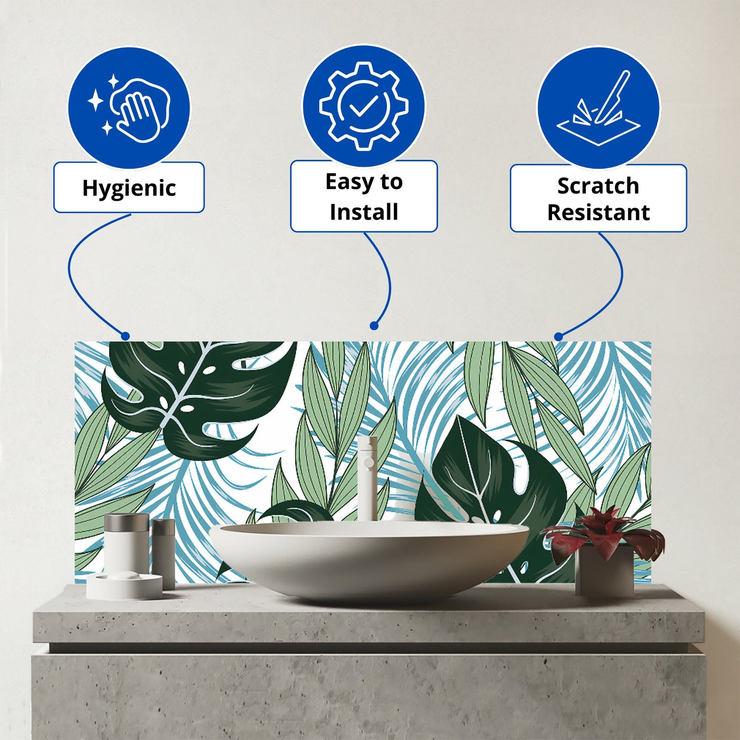 Tropical Pattern, Bright Plants, Flowers Glass Bathroom Splashback