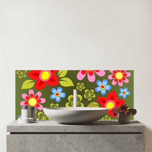 Red And Blue Flowers Glass Bathroom Splashback