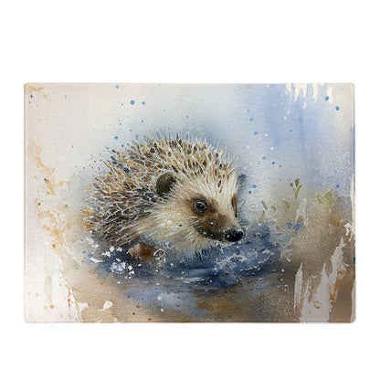 Hedgehog Watercolour Glass Chopping Board