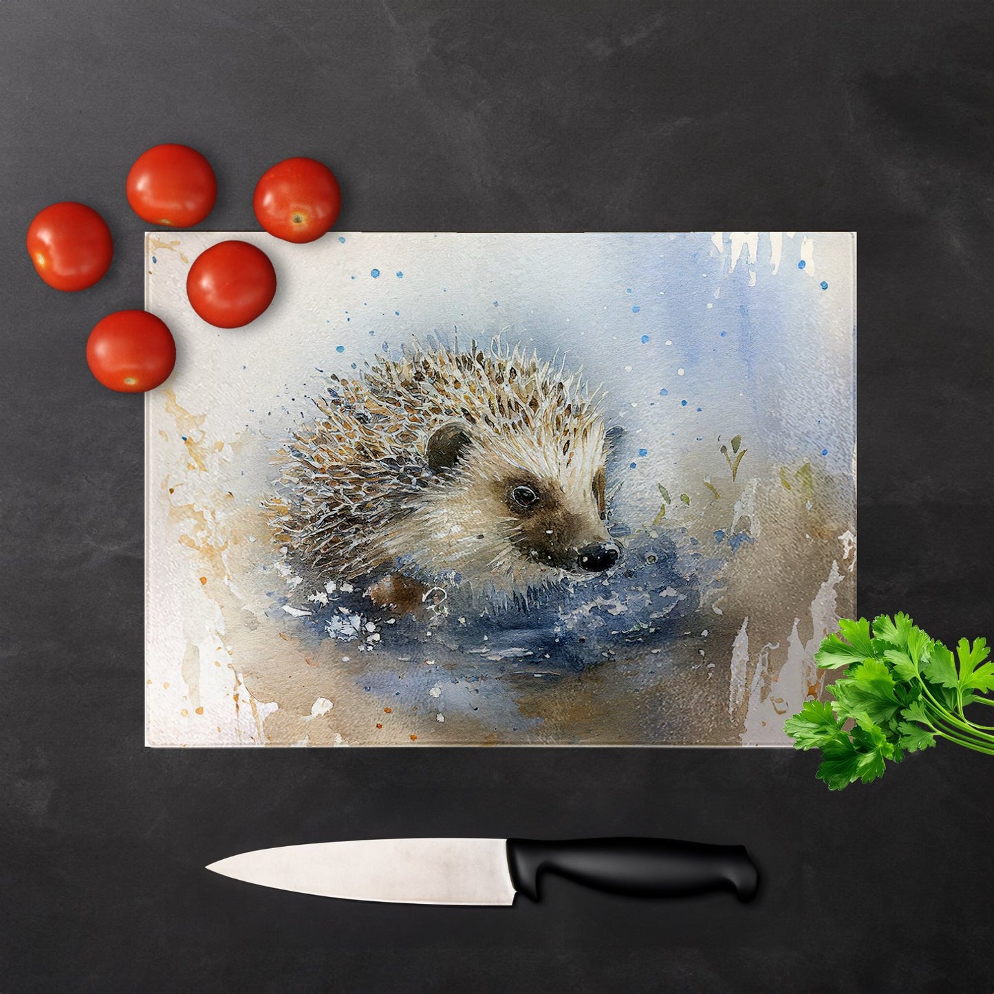 Hedgehog Watercolour Glass Chopping Board