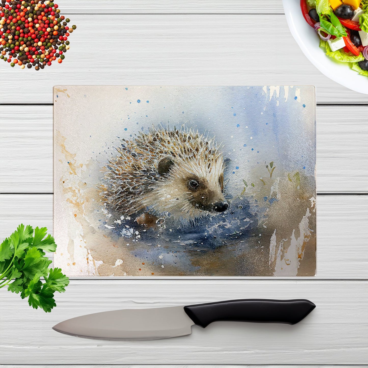 Hedgehog Watercolour Glass Chopping Board