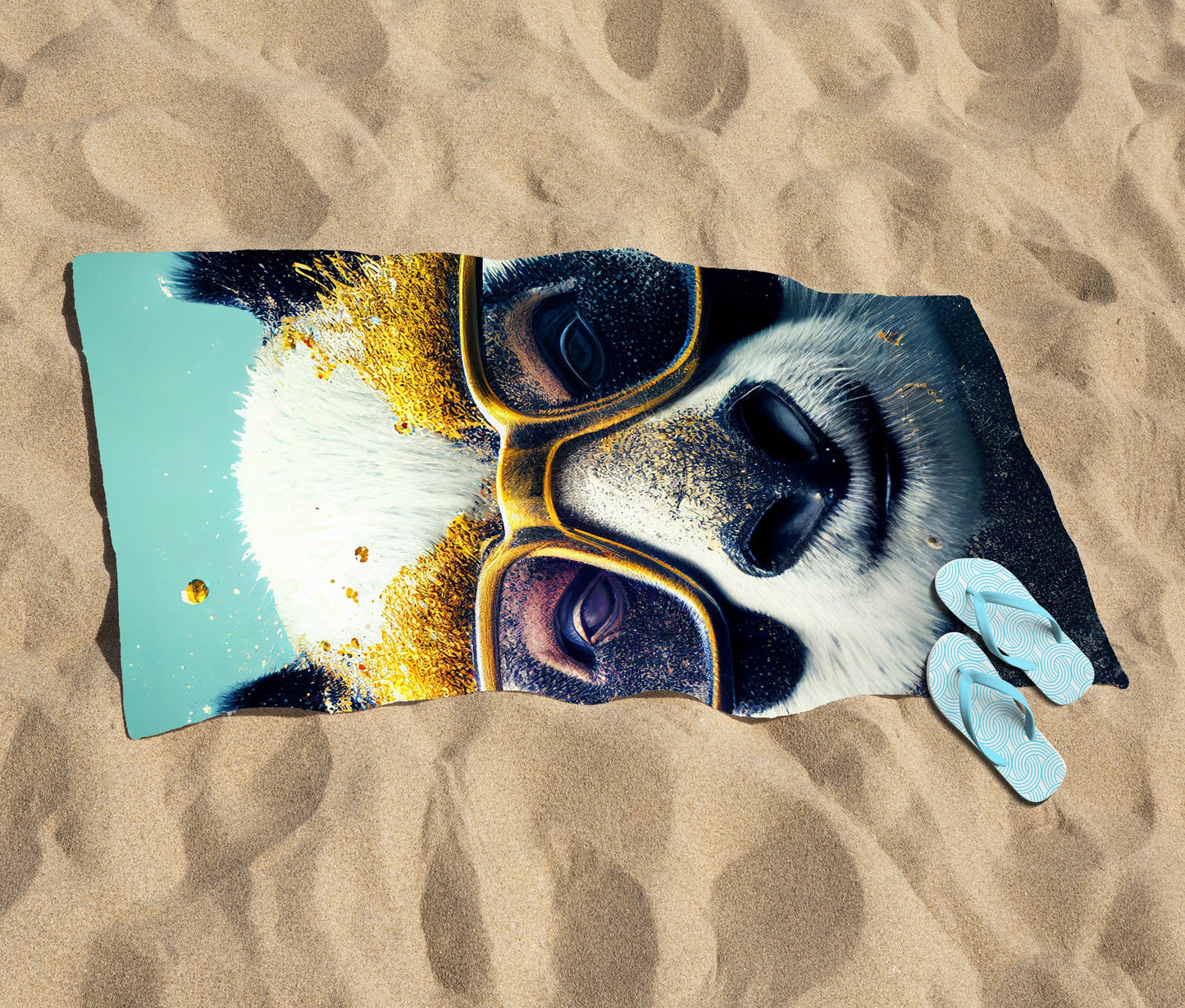 Panda With Golden Glasses Splashart Beach Towel