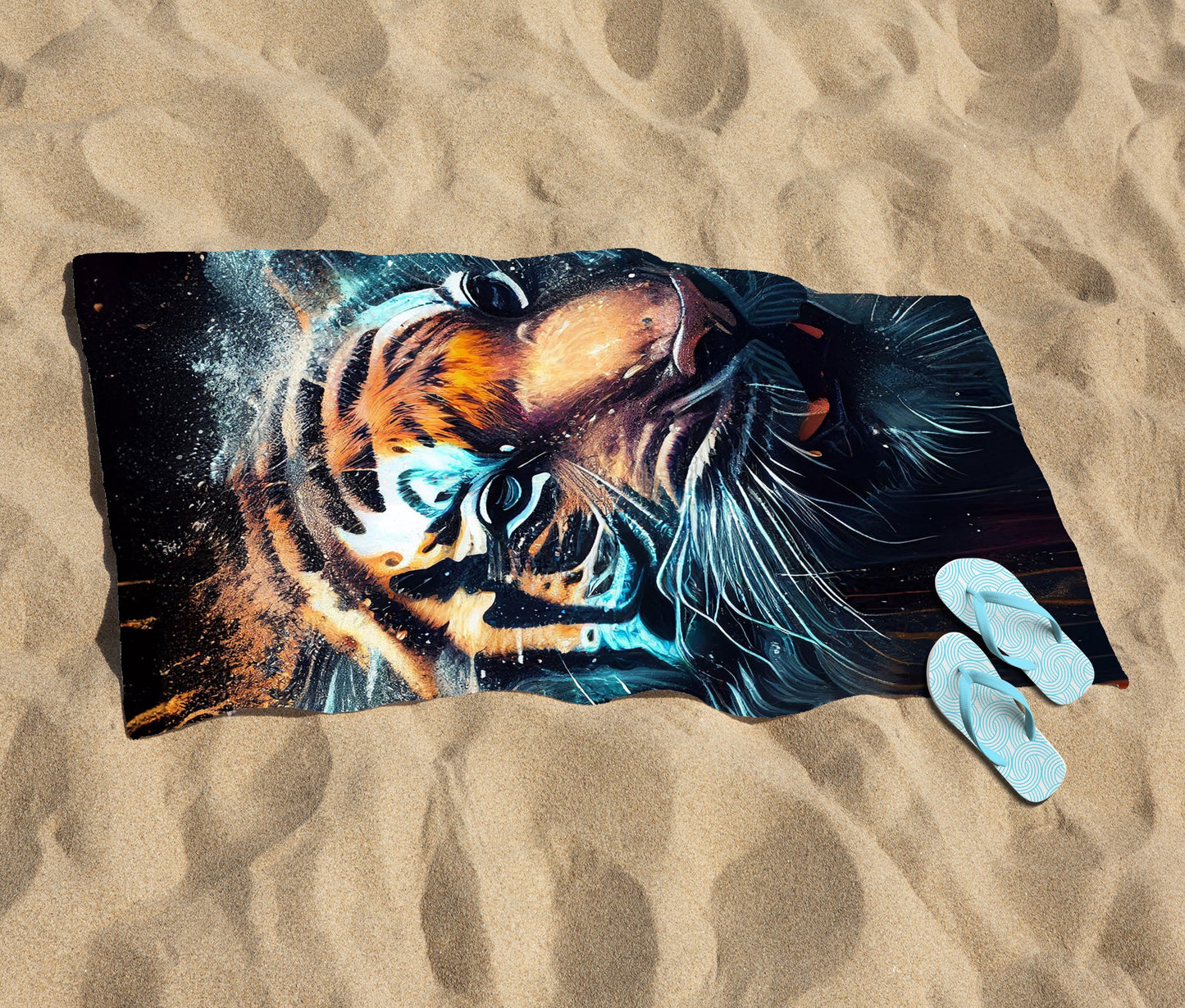 Tiger Face Splashart Dark Background Beach Towel