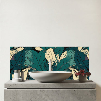 Green Beige Tropical Leaves Glass Bathroom Splashback