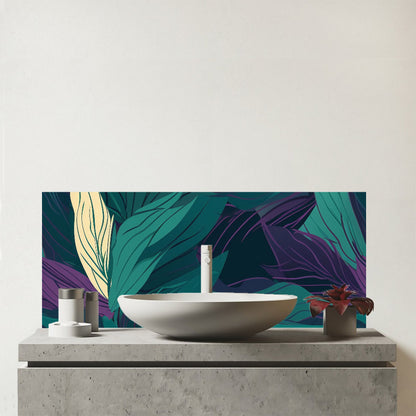 Green Purple Tropical Leaves Glass Bathroom Splashback